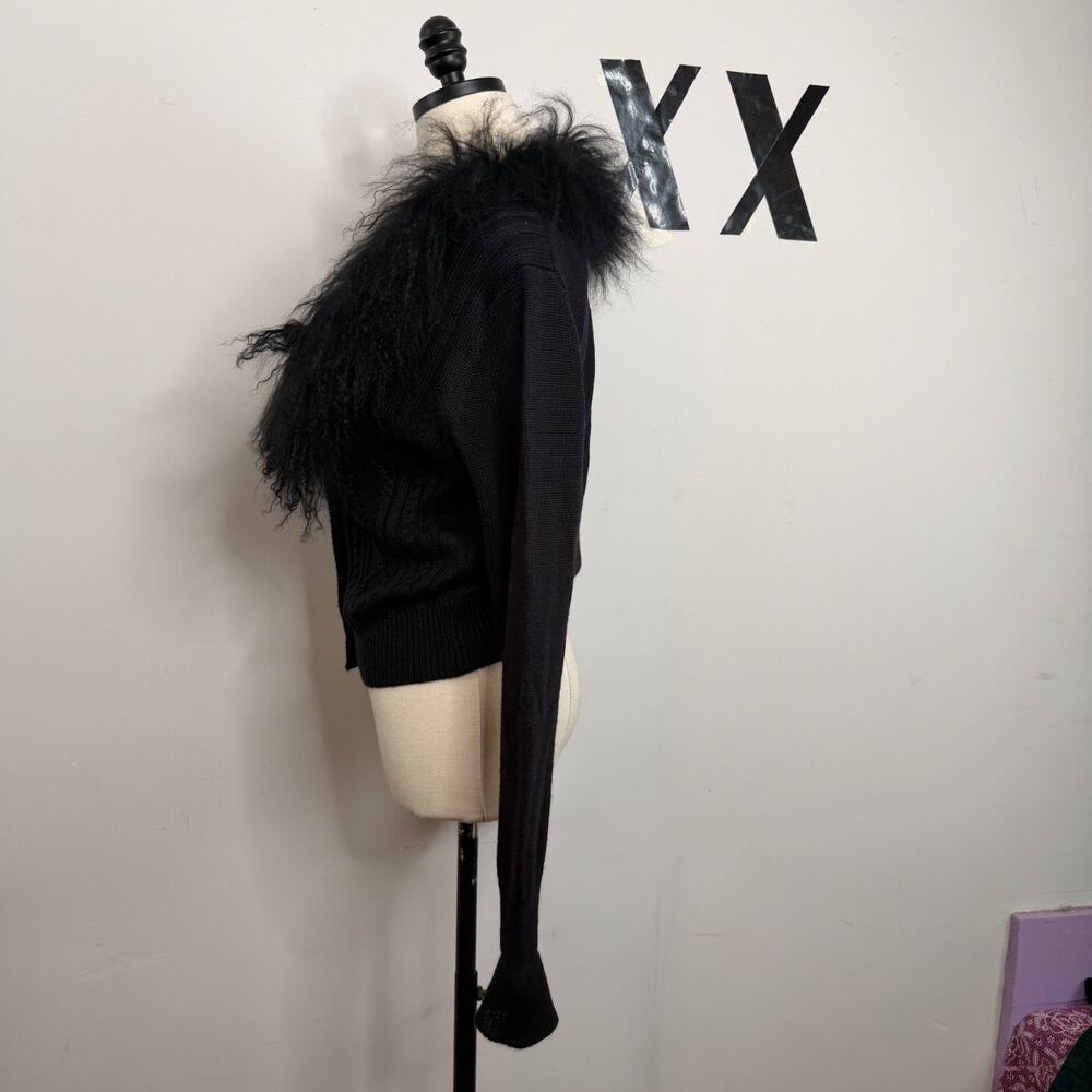 Japanese Real Tibetan Lamb Fur Trim Black Chunky Cable Knit Deep V Cardigan NWT - Picture 5 of 6